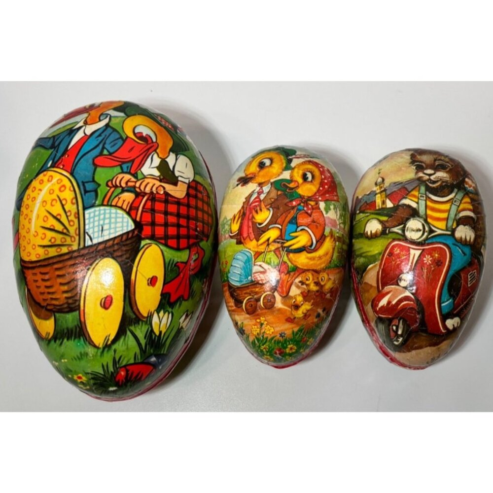 Vintage West Germany Hand Painted Paper Mache Nestler Easter Cat Moped Lot 3